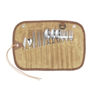 WINMAX 12pcs Camping Tableware Storage Bag Cutlery Organizer Roll BBQ Picnic Carry Case Pouch for Outdoor Barbecue Holder Canvas Spoon