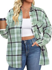 INVOLAND  Women Plus Size Flannel Plaid Shirt Roll Up Long Sleeve Casual Collared Button Down Shirt Loose Shirt Tops