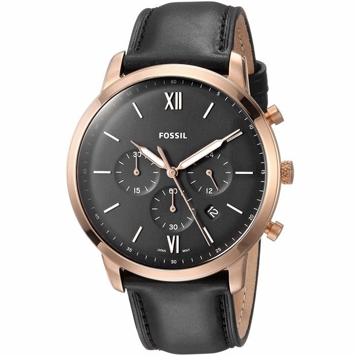 Fossil Mens Neutra Chronograph Black Dial Rose Gold Leather Watch