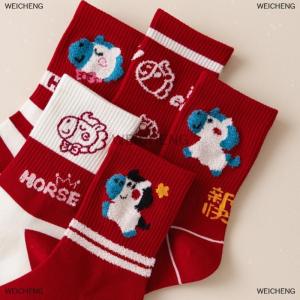 [COD] WEICHENG 1Pair 2026 Year Of The Horse Red Socks Autumn Winter Warm Mid-Tube Socks Cartoon Pony Socks New Year Party Gifts