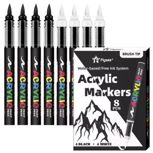 LLCY 8pcs Black and White Acrylic Paint Marker Waterproof DIY Acrylic Marker Pen  Soft Tip Direct-Liquid Brush Tip Marker Illustration Sketching