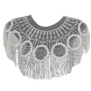 ผ้าคลุมไหล่มีพู่ลูกปัดประกายวินเทจของผู้หญิงเสื้อคลุมสำหรับงานเลี้ยงอาหารค่ำเลื่อมปักผ้าตาข่ายขอบเสื้อปอนโช