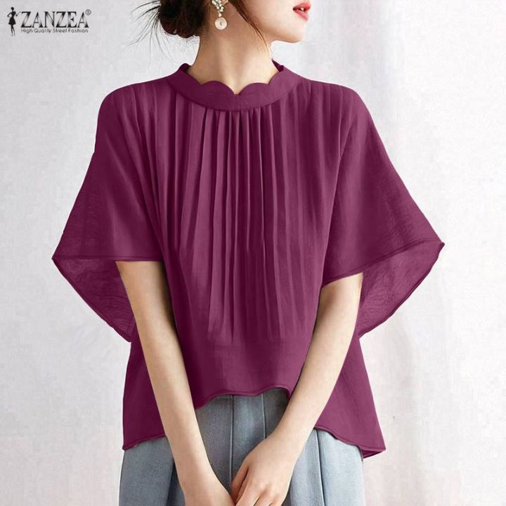 ZANZEA Korean Style Women Summer Solid Color Pleated High-Low Blouses Stand Collar Raglan Sleeve Tops #0929