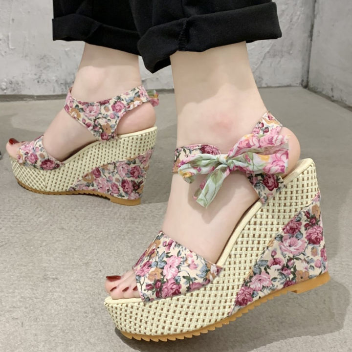 Women Summer Wedge Sandals Female Open Toe Floral Bowknot Platform Bohemia  High Heel Sandal Fashion Ankle Strap Ladies Shoes