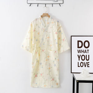 Nightgown Womens Spring and Summer Double-layer 100% Cotton Gauze Long-sleeved Lace-up Japanese-style Robe Loose and Comfortable Plus-size Sweat-steamed Bathrobe