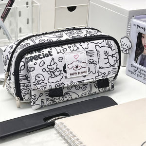 1 Pcs Cartoon Black and White Puppy Flip-top Pencil Case Student Large-capacity Multi-layer Classified Storage Pencil Bag Portable Stationery Storage
