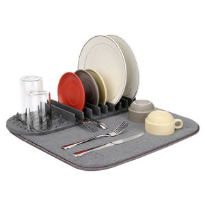 Kitchen Dish Drying Rack Organizer with Micro Fiber Plates Cup Mug Drying Mat in Grey