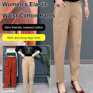 Loose Cotton Linen Harem Pants Middleaged Elderly Womens Elastic Waist Casual Pants Plus Size Color Straight Trousers