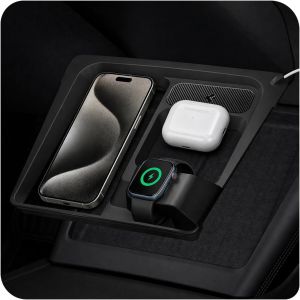 Spigen 3-in-1 Organizer Mount for Tesla Model 3 Highland (Standard Premium & Performance 2024/25/26) (Watch Charger Not Included) - Uses Wireless Charging Pad - Charge iPhone AirPods Watch