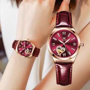 OLEVS 6636 Automatic Mechanical Women Wristwatch Fashion Genuine Leather Band Waterproof Watches For Women