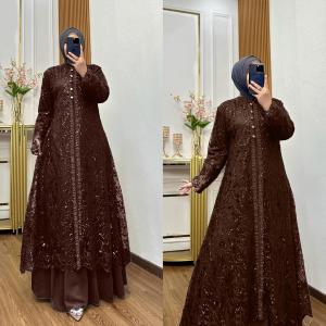 Leisha Gamis Brokat Kombinasi Swarovski Mewah Bahan Ceruty Babydol Premium / Dress Pesta Kondangan Wanita Muslim 2025