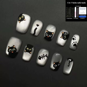 Mixed Style Press On Nails Set 5 Packs Almond & Short Square False Nails French Tip Star Polka Dot Nails Brown Blue Floral Cat Eye Nails Green Vintage Press On Nails Reusable Acrylic Manicure with Free Tool Kit for Women
