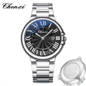 Chenxi Silver Waterproof Calendar Luminous Mens Watches Quartz Watch Stainless Steel Strap Male Wristwatch