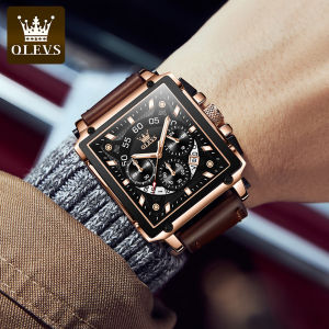 OLEVS Jam Tangan Laki Laki Original Waterproof Fashion Cool LED Black Brown Square Chronograph Mens Leather Band Date Watch for Men
