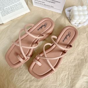 Lady casual strappy 5cm wedge slides shoes 女士线条5厘米坡跟外穿拖鞋