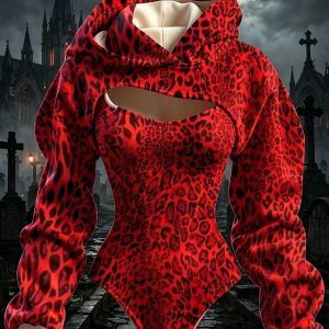 2026 New Women Hooded Red Leopard Print Long Sleeve Two Piece Bodysuit Cutouts Party Wear Autumn Winter Fashion Womens Clothes2026