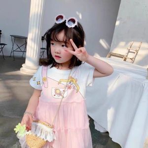 Wander ชุดเจ้าหญิงของเด็ก ชุดเดรสเด็กผู้หญิง ชุดเจ้าหญิงพิมพ์ลายโบว์แฟชั่น เดรสผ้าตาข่ายแขนสั้นผ้าฝ้ายแท้ 23711