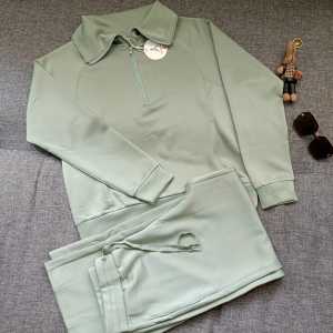 Setelan Sweatshirt dan Celana Gym Wanita Leher Crew - Warna Abu Tua/Zaitun/Dark Grey Bahan Spandeks