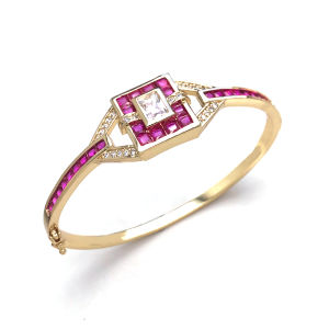 Trendy Ruby Bangle Created Red Corundum Sapphire Emerald Gemstone Bracelet Yellow Gold for Women Party Birthday Jewelry Gift