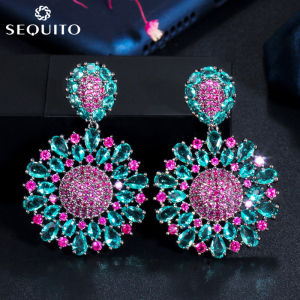 SEQUITO Vintage Bohemian Colorful Big Round Drop Earring Pave Setting Cubic Zirconia Cocktail Party Women Hyperbole Hanging Jewelry SE134