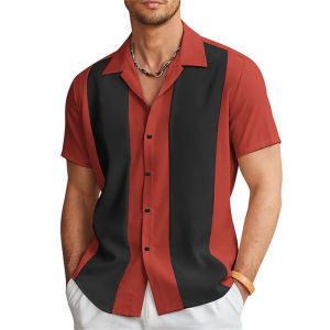 2026 New mens shirts Bowling shirts Button shirts Summer casual red short-sleeved color matching lapels Street clothing fashion