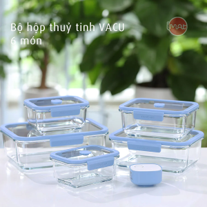 Bộ hộp thủy tinh chân không Neoflam VACU 6 món có bơm hút chân không kèm theo dùng trong nhà bếp dùng bảo quản thực phẩm dùng lò nướng lò vi sóng máy rửa chén