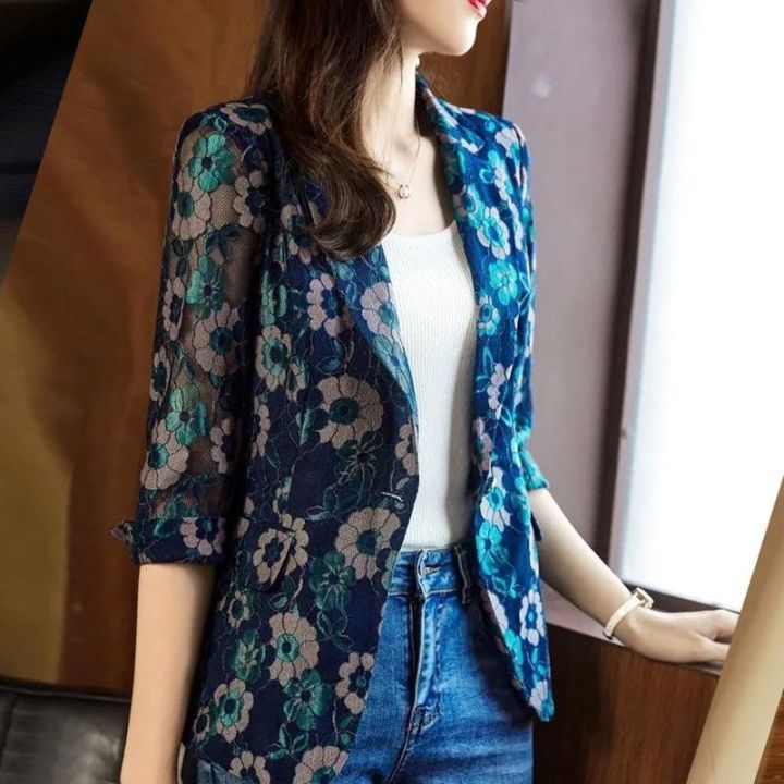 S-5XL Women Blazer Jacket Lace Thin Three Quarter Sleeve Slim Spring Summer  Autumn Fashion Casual Elegant Business Formal Office Work Suit Plus Size