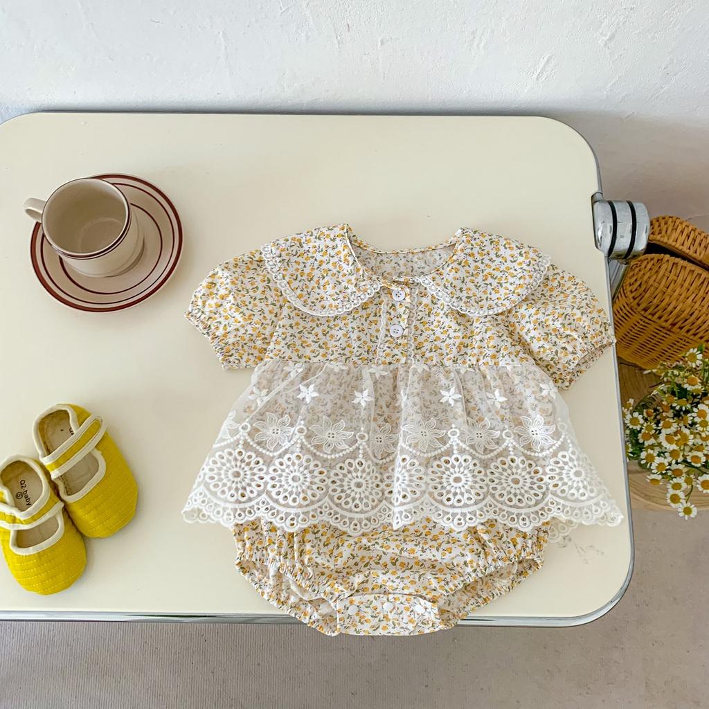 บอดี้สูทและชุดหมี ปลอกคอตุ๊กตาดอกไม้เสื้อรอมเปอร์ทารกแขนสั้นลูกไม้ทารกบอดี้สูทสำหรับเด็ก0-24เดือน