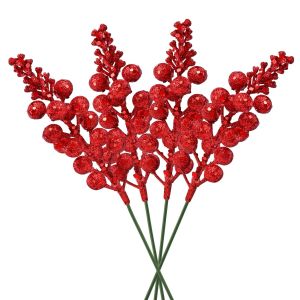 5pcs Berry Christmas Artificial Tree Stems Berries Picks Fake Glitter Flowers Wreathstem Pine Decorations Branches Xmas