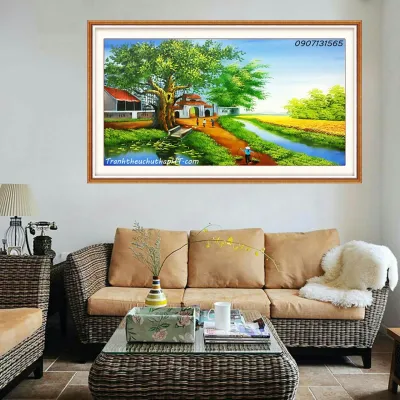 [HCM]Tranh thêu chữ thập phong cảnh quê hương thanh bình cây đa đầu làng LV3049 LV3041 LV3048 - tự thêu