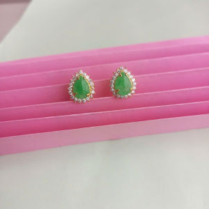 Bông tai giọt nước màu xanh câm thach viền vàng đính đá cz zircon lấp lánh bling sáng đẹp to nổi bật sang trọng cổ điển thời trang