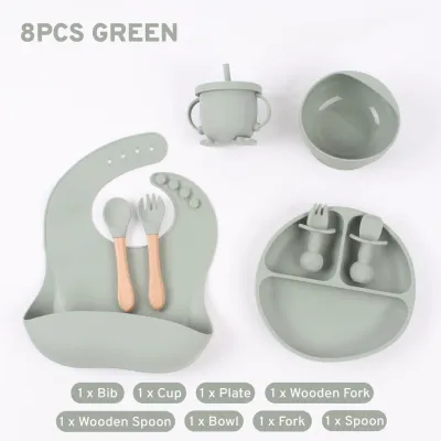 Jollybee Baby Silicone Dining Set 8PCS Tableware Cutlery Childrens Plate Fork Spoon Kids Dinnerware Feeding Set 宝宝餐具