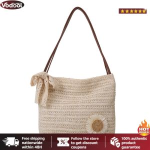 [VTO] Women Straw Woven Tote Handbag Female Top Handle Bag Hobo Purse for Travel Work