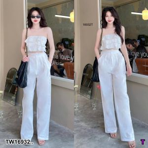 CH16932✨Set 2 ชิ้น เสื้อเกาะอกแต่งระบาย + กางเกงขายาว