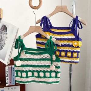 LUO AIDING Seamless Casual Summer Knitted Beachwear Flower Pattern Backless Stripe Hollow Crochet Crop Tops Bikini Tanks Women Camisoles Shoulder Strap