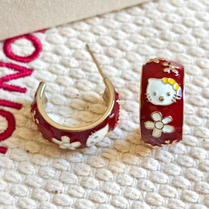 Fashionable Ring Gift 复古气质红色珐琅滴釉KT猫花朵耳环女秋冬氛围感百搭可爱猫咪耳饰