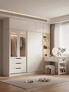 Wardrobe Cream Style Sliding Door Household Bedroom Modern Simple French Glass Small Apartment One with Desk Wardrobe