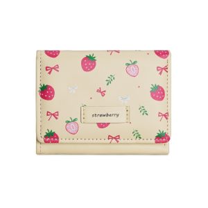 LANGJ โบว์ กระเป๋าสตางค์แบบพับสาม สตรอว์เบอร์รี งานพิมพ์ กระเป๋าสตางค์หนัง PU แฟชั่น สั้น ผู้ถือบัตร นักเรียน