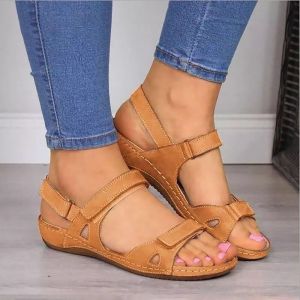 2023 Summer Breathable Fish-Mouth Shoes Comfortable Flat Fashionable Open-Toe Velcro Casual Sandals Plus Size Womens Shoes