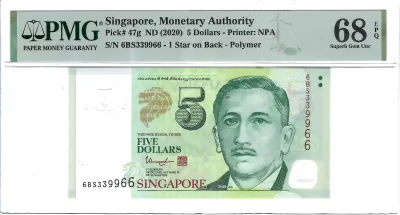 2020 Singapore $5 banknote Pick# 47g 1 Star on back high PMG grade 68 EPQ Superb Gem Unc Nice Fancy serial numbers. Add these highly graded notes to your collection today!