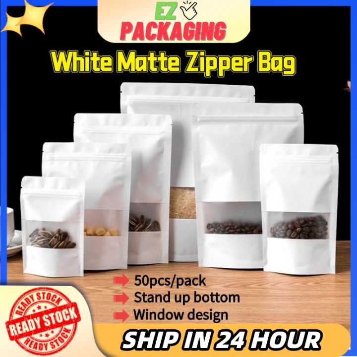 50pcs White Matte Zipper Bag Kraft Stand Up Pouch Bags Food Zip Lock ...