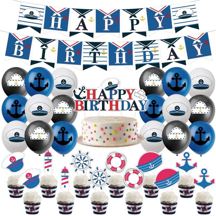 JOYMEMO Nautical Birthday Party Decorations Supplies for Kid, Ocean Boats  and Hoes Birthday Banner, Nautical Sailor Theme Birthday Cake Topper, Navy  Blue Cruise Ship Birthday Decor