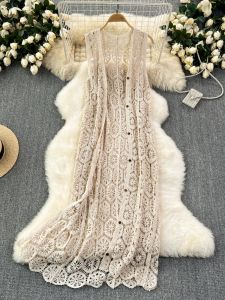 Bohemian Beach Style Summer Cardigan Women Crochet Hollow Out Female Cardigans Sleeveless Single Breasted Long Coat Dropshipping
