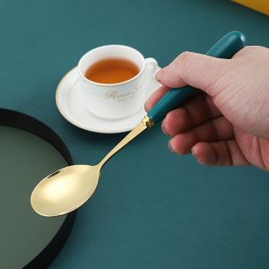 Đũa Thìa Dĩa inox mạ vàng cán sứ xanh cổ vịt sang trọng BAUHO