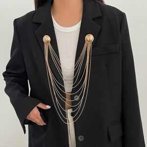 HEALMEYOU Pearl Multi Layer Metal Tassel Brooch Long Geometric Pins Clip Fashion Elegant Multi-layer Chains Pin Suit Accessories