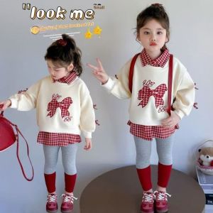 TUmama Dễ thương Bow rô Bộ áo len cho cô gái mùa thu thời trang phong cách Hàn Quốc giản dị hai mảnh trang phục