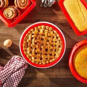 Red Silicone Bakeware Baking Set with Square Brownie Pan Bread Loaf Round Cake and Pie Pans (Nonstick)- Pack of 4