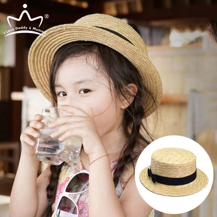 Summer Parent-child Sun Hats Flat Top Bow Ribbon Straw Fedora
