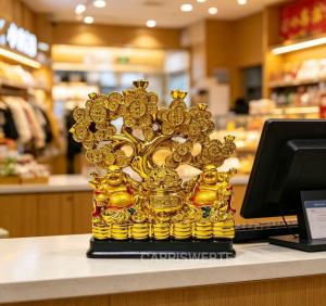 CARRISWERTE Golden Laughing Buddha Money Tree Ornament | Feng Shui Wealth Tree Statue for Home Office Shop Desk Decoration Attract Fortune & Good Luck