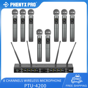 Phyx Pro PTU-4200 8-kênh UHF Micro không dây Hệ Thống Với 8 Kim Loại Năng Động Mic 8X20 Tần số200ft Phạm Vi Cho Karaoke Hát Nhà Thờ DJ